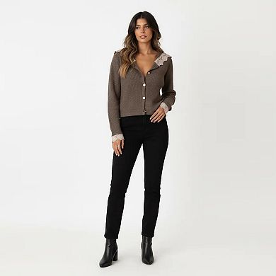 Women's Long Sleeve Ribbed Knit Top with Lace Trim Collar and Button Front Detail