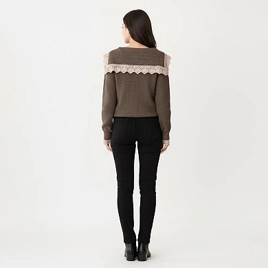 Women's Long Sleeve Ribbed Knit Top with Lace Trim Collar and Button Front Detail
