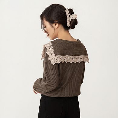 Women's Long Sleeve Ribbed Knit Top with Lace Trim Collar and Button Front Detail