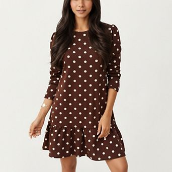 Women's Long Sleeve Polka Dot Mini Dress with Round Neckline and Ruffled Hem Detail