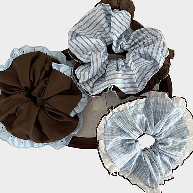 Womens Large Fabric Hair Scrunchies 3 Pack Soft Ruffled Elastic Hair Ties
