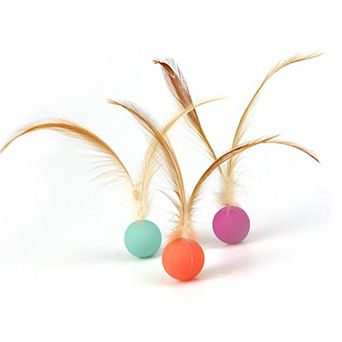 Interactive Cat Toys Bouncy Ball with Natural Feathers for Indoor Cats and Kittens 3 pc Set