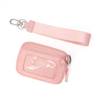 Zippered Wristlet Key Pouch with Clear ID Window Compact Card Holder and Detachable Strap