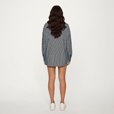 Women's Textured Vertical Stripe Button Front Shirt with Collared Neckline and Relaxed Fit