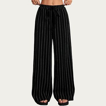 Women's High Waist Wide Leg Lounge Pants with Vertical Stripe Pattern Adjustable Drawstring Waist