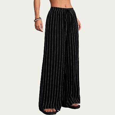 Women's High Waist Wide Leg Lounge Pants with Vertical Stripe Pattern Adjustable Drawstring Waist