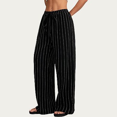 Women's High Waist Wide Leg Lounge Pants with Vertical Stripe Pattern Adjustable Drawstring Waist