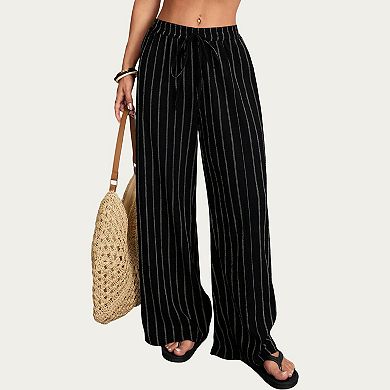 Women's High Waist Wide Leg Lounge Pants with Vertical Stripe Pattern Adjustable Drawstring Waist