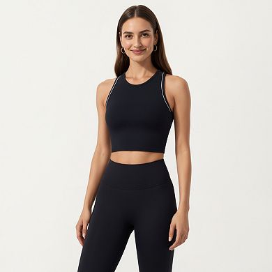 Women's Sleeveless Cropped Fitted Active Tank Top with Contrast Trim and Smooth Stretch Fabric