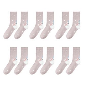 Womens Pure Cotton Crew Socks 6 Pairs Soft Breathable Cute Cartoon Design