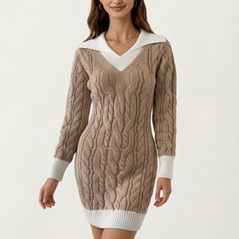 Women's Cable Knit Sweater Dress with V Neck Collar Detail and Long Sleeves