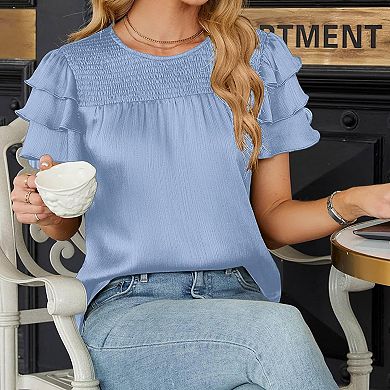 Women's Smocked Round Neck Ruffle Short Sleeve Blouse Lightweight Casual T-Shirt