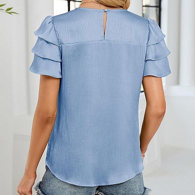 Women's Smocked Round Neck Ruffle Short Sleeve Blouse Lightweight Casual T-Shirt