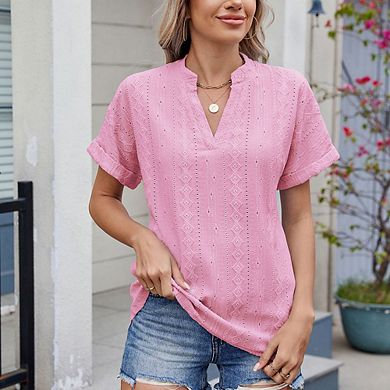 Women's Short Sleeve Eyelet Blouse V-Neck Loose-Fit Top
