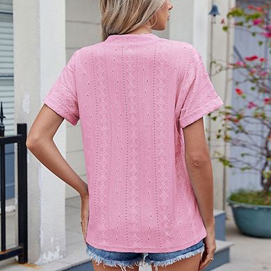 Women's Short Sleeve Eyelet Blouse V-Neck Loose-Fit Top