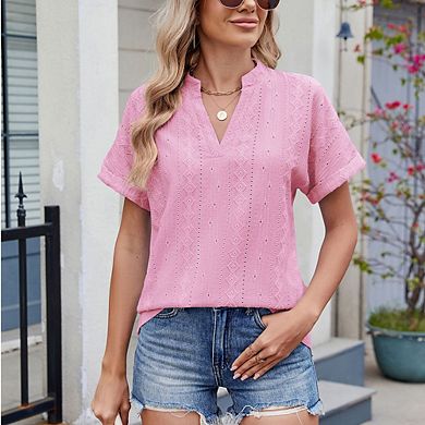Women's Short Sleeve Eyelet Blouse V-Neck Loose-Fit Top