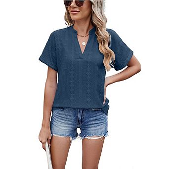 Women's Short Sleeve Eyelet Blouse V-Neck Loose-Fit Top