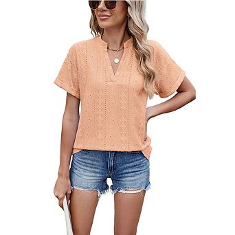 Women's Short Sleeve Eyelet Blouse V-Neck Loose-Fit Top
