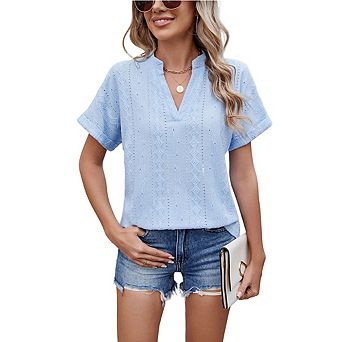 Women's Short Sleeve Eyelet Blouse V-Neck Loose-Fit Top