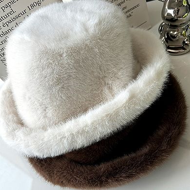 Women's Plush Fuzzy Bucket Hat with Soft Warm Feel and Full-Cover Design