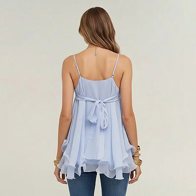 Women's V Neck Chiffon Cami Top with Adjustable Straps and Layered Ruffle Hem