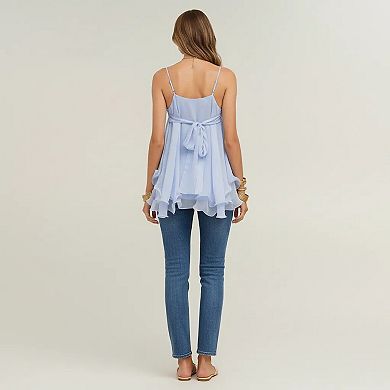 Women's V Neck Chiffon Cami Top with Adjustable Straps and Layered Ruffle Hem