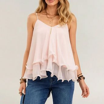 Women's V Neck Chiffon Cami Top with Adjustable Straps and Layered Ruffle Hem