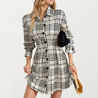 Women's Plaid Long Sleeve Shirt Dress with Button Front and Waist Seaming