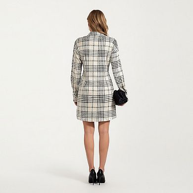 Women's Plaid Long Sleeve Shirt Dress with Button Front and Waist Seaming