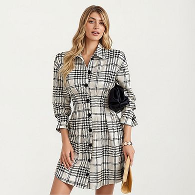 Women's Plaid Long Sleeve Shirt Dress with Button Front and Waist Seaming