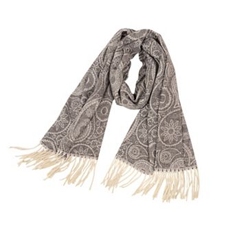 Women's Jacquard Knit Scarf with Tassel Fringe and Bohemian Floral Pattern 78.5×26 Inches