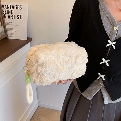 Heart Texture Plush Zip Pouch with Soft Fuzzy Finish and Wrist Loop for Easy Carrying