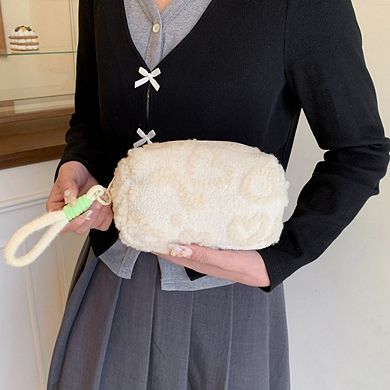 Heart Texture Plush Zip Pouch with Soft Fuzzy Finish and Wrist Loop for Easy Carrying