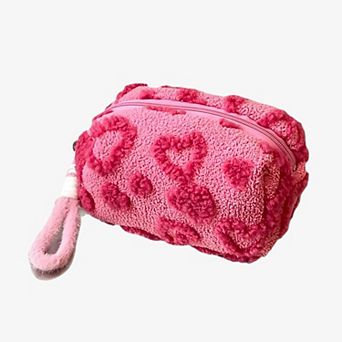 Heart Texture Plush Zip Pouch with Soft Fuzzy Finish and Wrist Loop for Easy Carrying