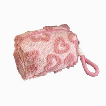 Heart Texture Plush Zip Pouch with Soft Fuzzy Finish and Wrist Loop for Easy Carrying