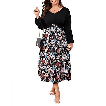 Women's Casual Plus Size Dresses V Neck Long Sleeve Floral A-Line Swing Dress