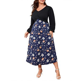 Women's Casual Plus Size Dresses V Neck Long Sleeve Floral A-Line Swing Dress
