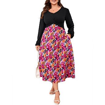 Women's Casual Plus Size Dresses V Neck Long Sleeve Floral A-Line Swing Dress