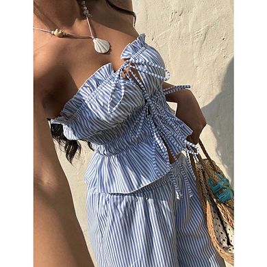 Women's 2 Piece Outfit Striped Tie Front Tube Top With Wide Leg Pants Set