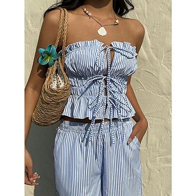 Women's 2 Piece Outfit Striped Tie Front Tube Top With Wide Leg Pants Set