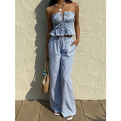Women's 2 Piece Outfit Striped Tie Front Tube Top With Wide Leg Pants Set