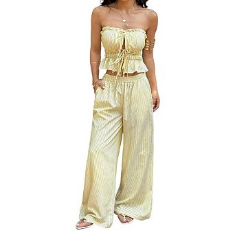 Women's 2 pc Outfit Striped Tie Front Tube Top With Wide Leg Pants Set