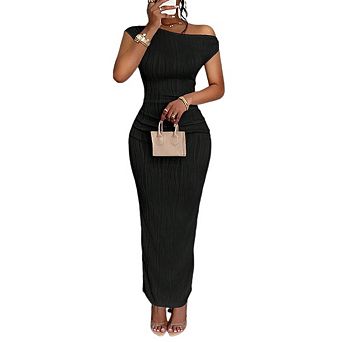 Women's Off One Shoulder Maxi Dress Short Sleeve Bodycon Elegant Cocktail Party Prom Long Dress