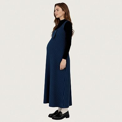 Women's Maternity Sleeveless Pinstripe Maxi Dress with Asymmetrical Button Front Design