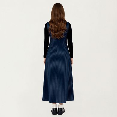 Women's Maternity Sleeveless Pinstripe Maxi Dress with Asymmetrical Button Front Design