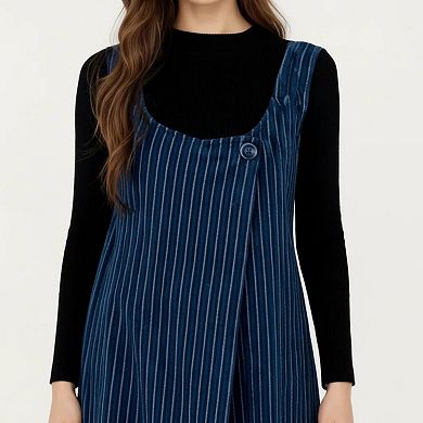 Women's Maternity Sleeveless Pinstripe Maxi Dress with Asymmetrical Button Front Design