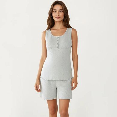 Women's Maternity 2-Piece Set Sleeveless Henley Pajama Top with Relaxed Fit Shorts