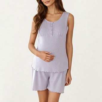 Women's Maternity 2 pc Set Sleeveless Henley Pajama Top with Relaxed Fit Shorts