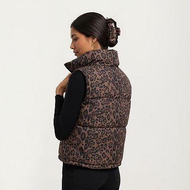 Women's Leopard Print Puffer Vest with High Stand Collar and Quilted Soft-Padded Body