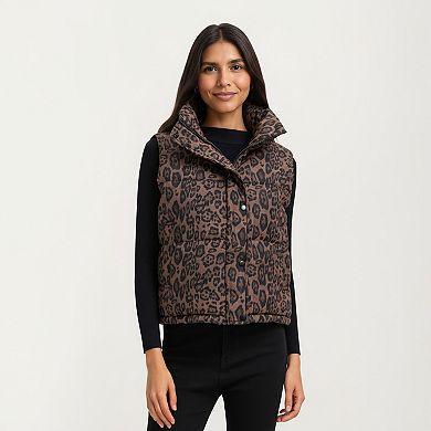 Women's Leopard Print Puffer Vest with High Stand Collar and Quilted Soft-Padded Body